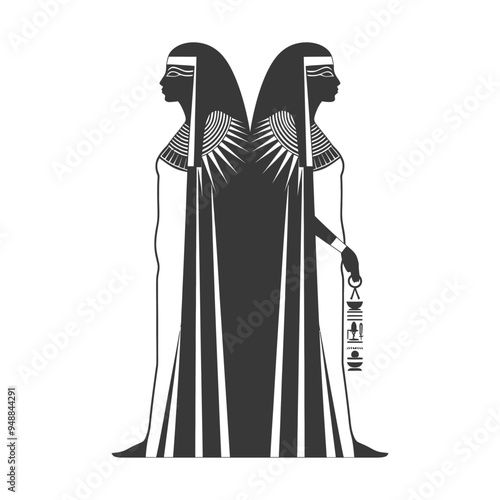 Two Egyptian Women in Traditional Garb with Hieroglyphs