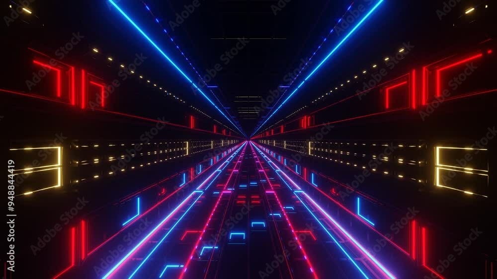 endless forward movement through a dark tunnel with flashing red and blue lights. 3d render looped animation endless forward movement through a dark tunnel with flashing red and blue lights. 3d render looped animation