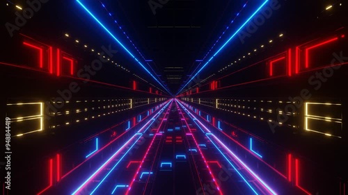 endless forward movement through a dark tunnel with flashing red and blue lights. 3d render looped animation