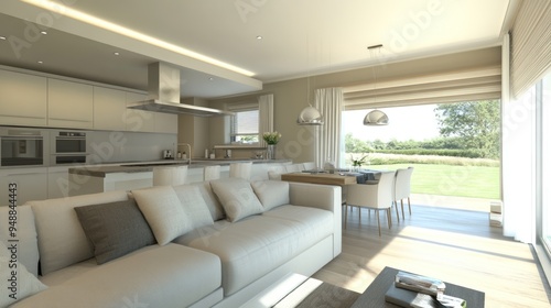 Modern Living Room With Large Window and Kitchen View.