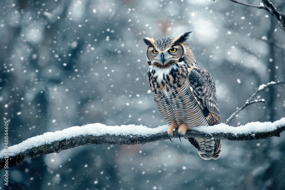 Great Horned Owl Perched on a Snowy Branch in a Winter Forest Great Horned Owl Perched on a Snowy Branch in a Winter Forest