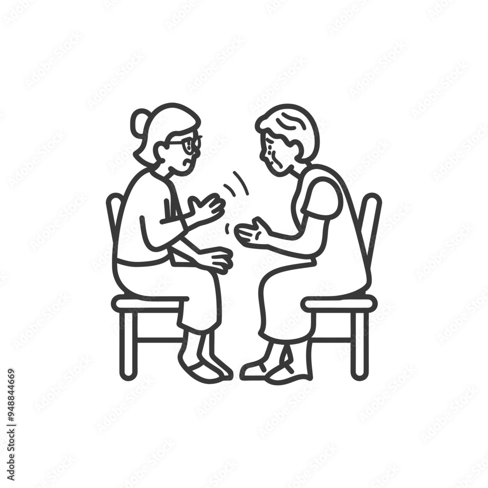 Two elderly women sitting on chairs and talking Two elderly women sitting on chairs and talking