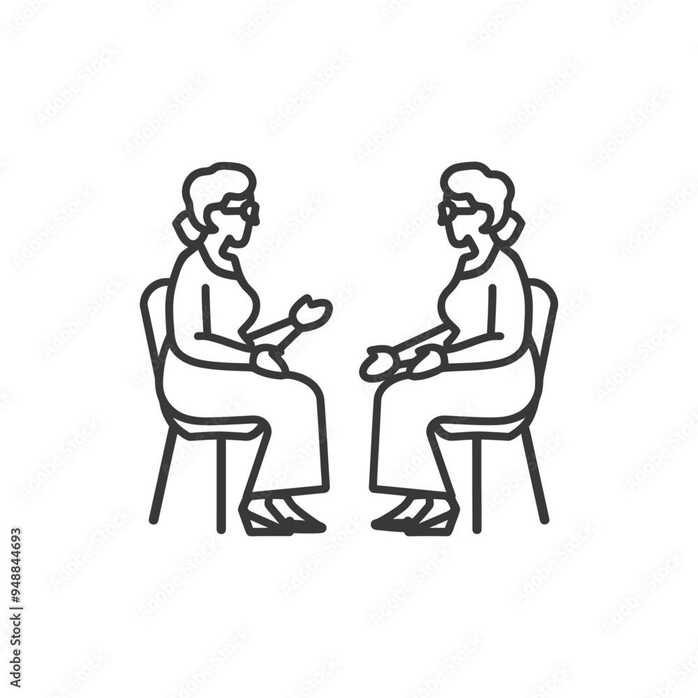 Two Elderly Women Sitting on Chairs Facing Each Other Two Elderly Women Sitting on Chairs Facing Each Other