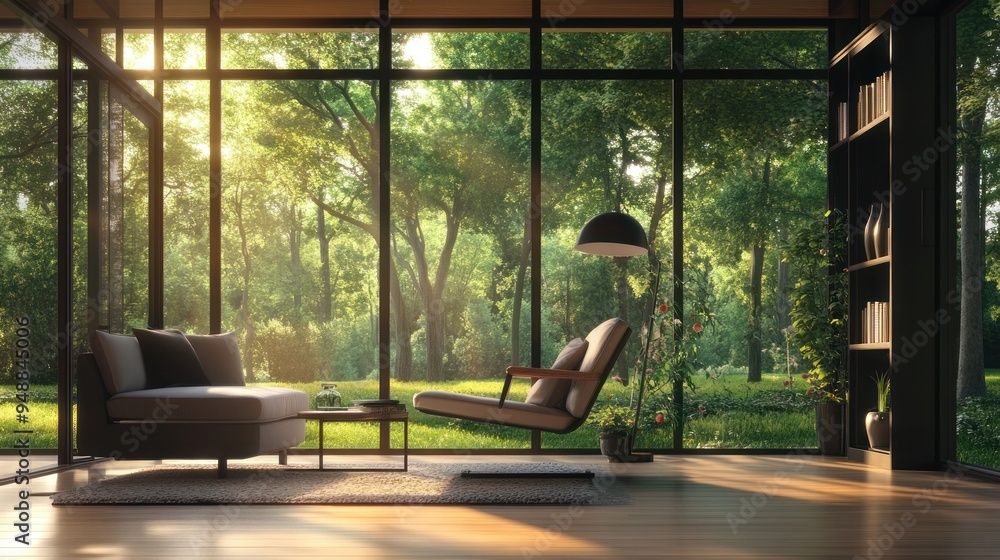 Modern living room with large window overlooking a lush green forest. Modern living room with large window overlooking a lush green forest.