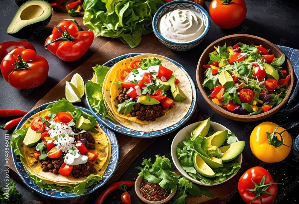 vibrant colorful taco ingredients artfully displayed various dishes featuring fresh textures, vegetables, spices, presentation, cuisine, food, meal, plate vibrant colorful taco ingredients artfully displayed various dishes featuring fresh textures, vegetables, spices, presentation, cuisine, food, meal, plate