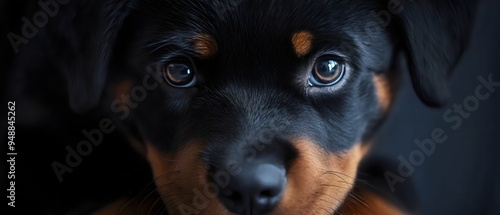 A close-up of a Rottweiler puppy with dark brown eyes. Its black fur contrasts with the rich brown markings on its muzzle and cheeks. The puppy is looking directly at the camera . photo