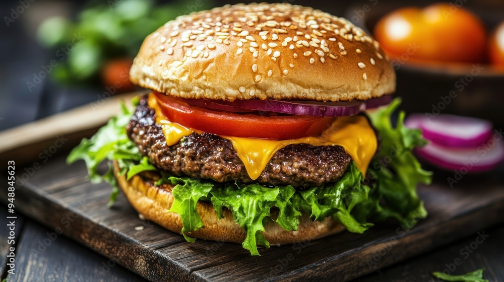 Juicy Cheeseburger on Rustic Wooden Board Juicy Cheeseburger on Rustic Wooden Board