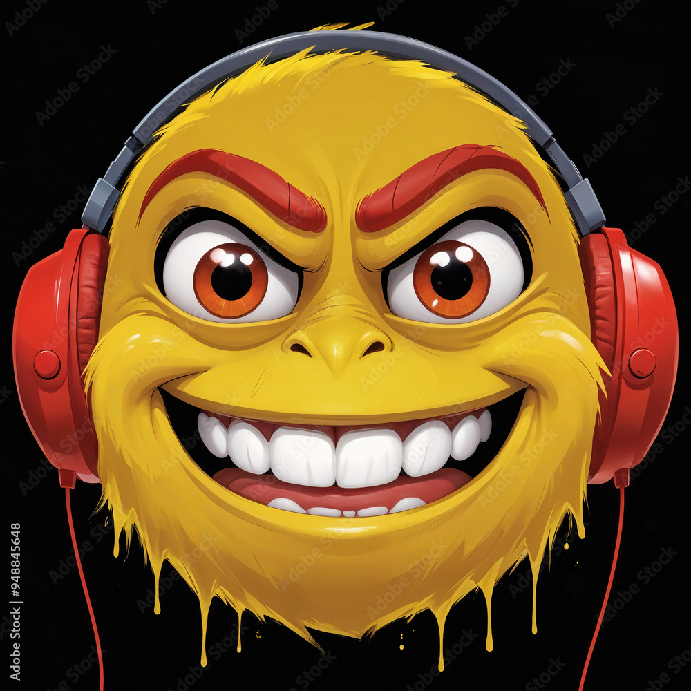 A yellow, cartoonish character with large eyes , a wide grin , and red headphones.