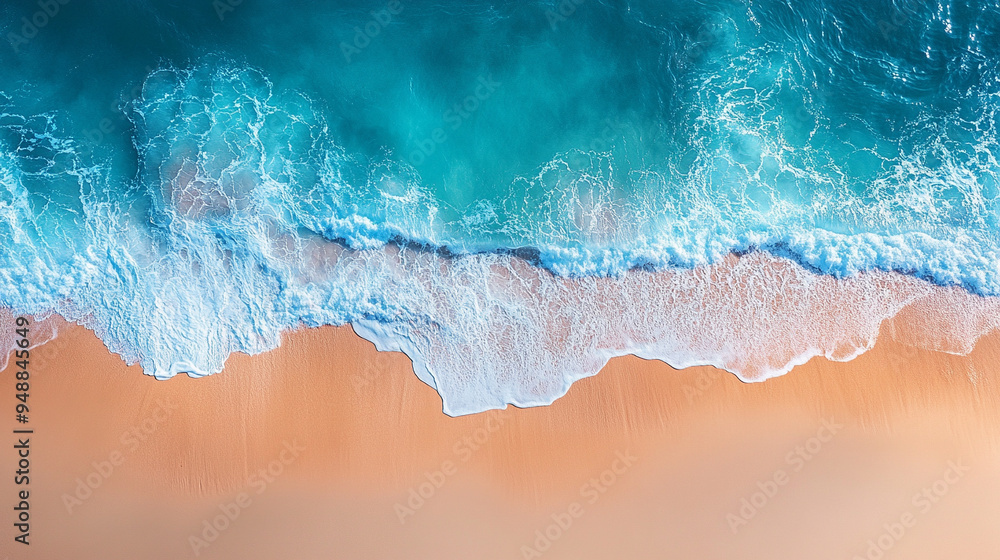 blue ocean wave rolling onto a pristine sandy beach, capturing the serene beauty of nature's simplicity and peaceful escap blue ocean wave rolling onto a pristine sandy beach, capturing the serene beauty of nature's simplicity and peaceful escap