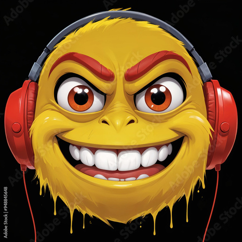 Obraz na płótnie A yellow, cartoonish character with large eyes , a wide grin , and red headphones. w salonie