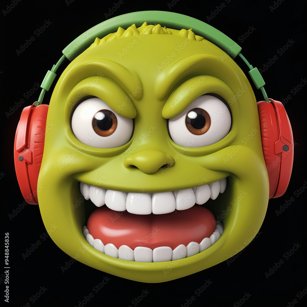 A green, cartoonish character with large eyes , a wide grin , and red headphones.