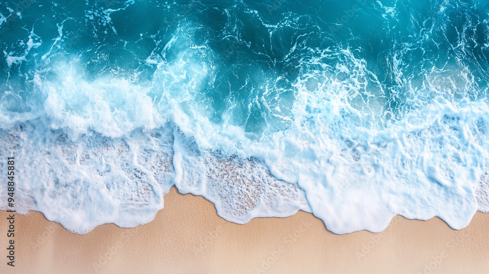 blue ocean wave rolling onto a pristine sandy beach, capturing the serene beauty of nature's simplicity and peaceful escap blue ocean wave rolling onto a pristine sandy beach, capturing the serene beauty of nature's simplicity and peaceful escap