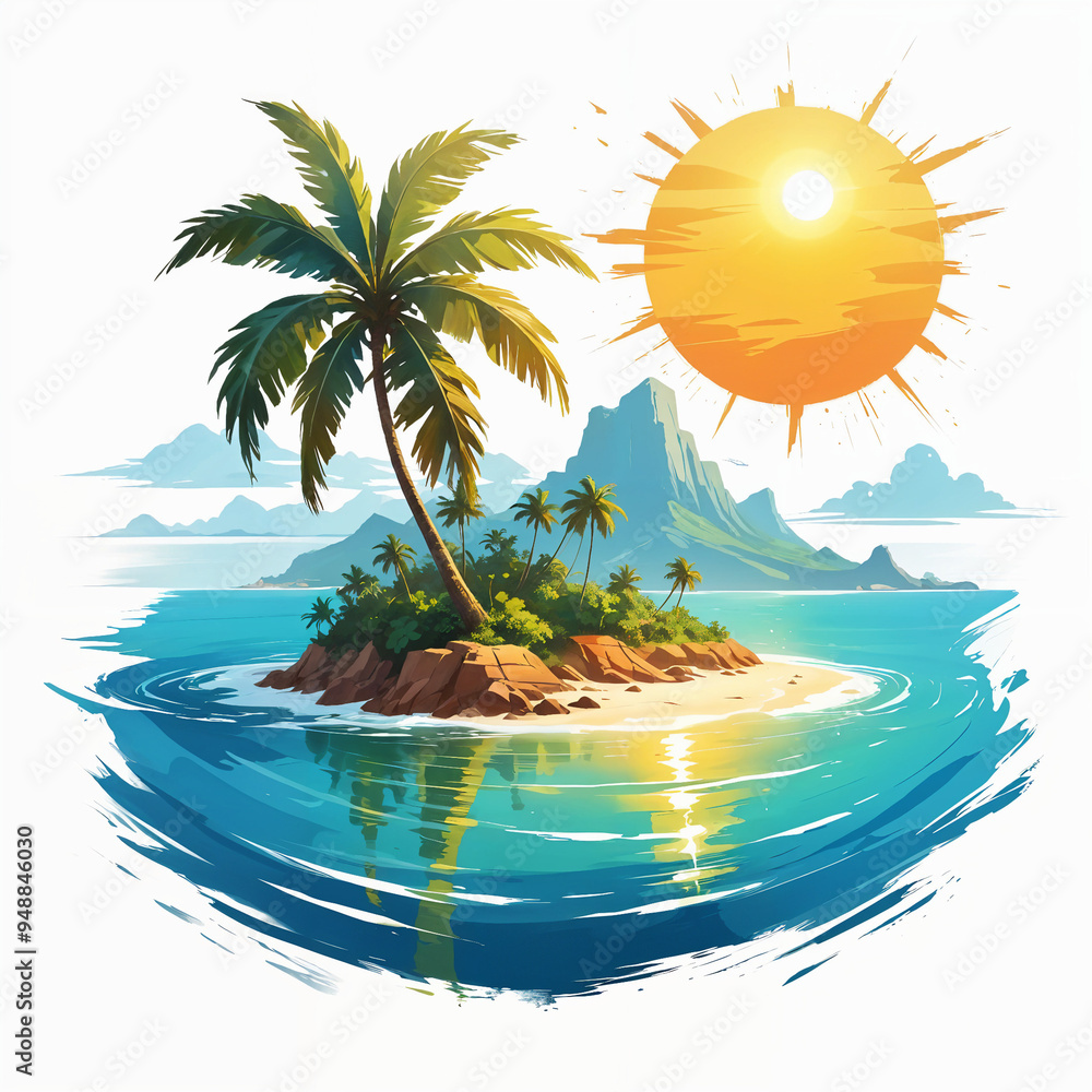 A tropical island with a palm tree surrounded by a blue ocean and a bright sun