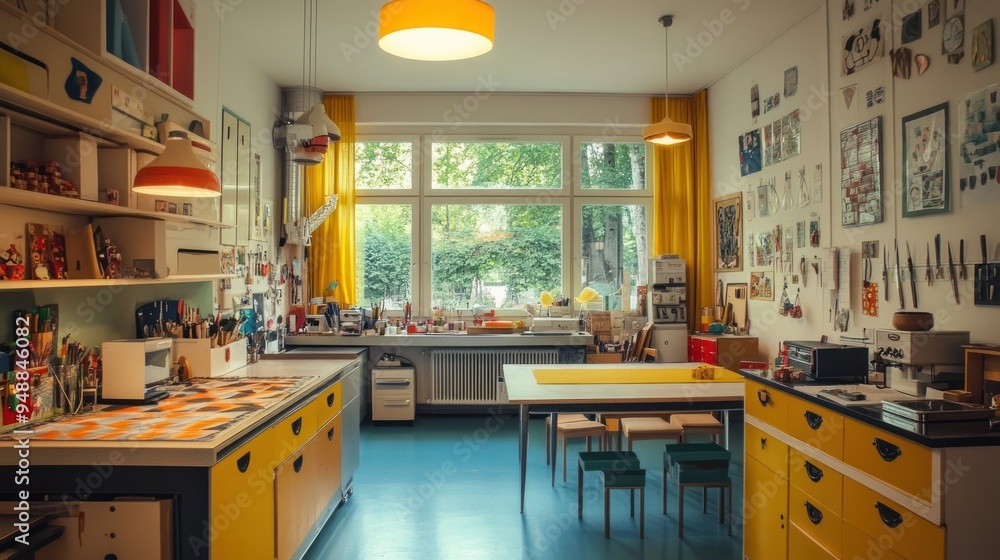 A bright and airy kitchen with yellow cabinets and a large window overlooking a green tree. The kitchen has a warm and inviting feel and is decorated with colorful artwork and objects. A bright and airy kitchen with yellow cabinets and a large window overlooking a green tree. The kitchen has a warm and inviting feel and is decorated with colorful artwork and objects.