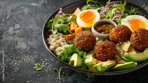 Mixed healthy vegetarian salads with vegetables, sweet potato, falafel, bulgur, avocado, eggs, space for text 