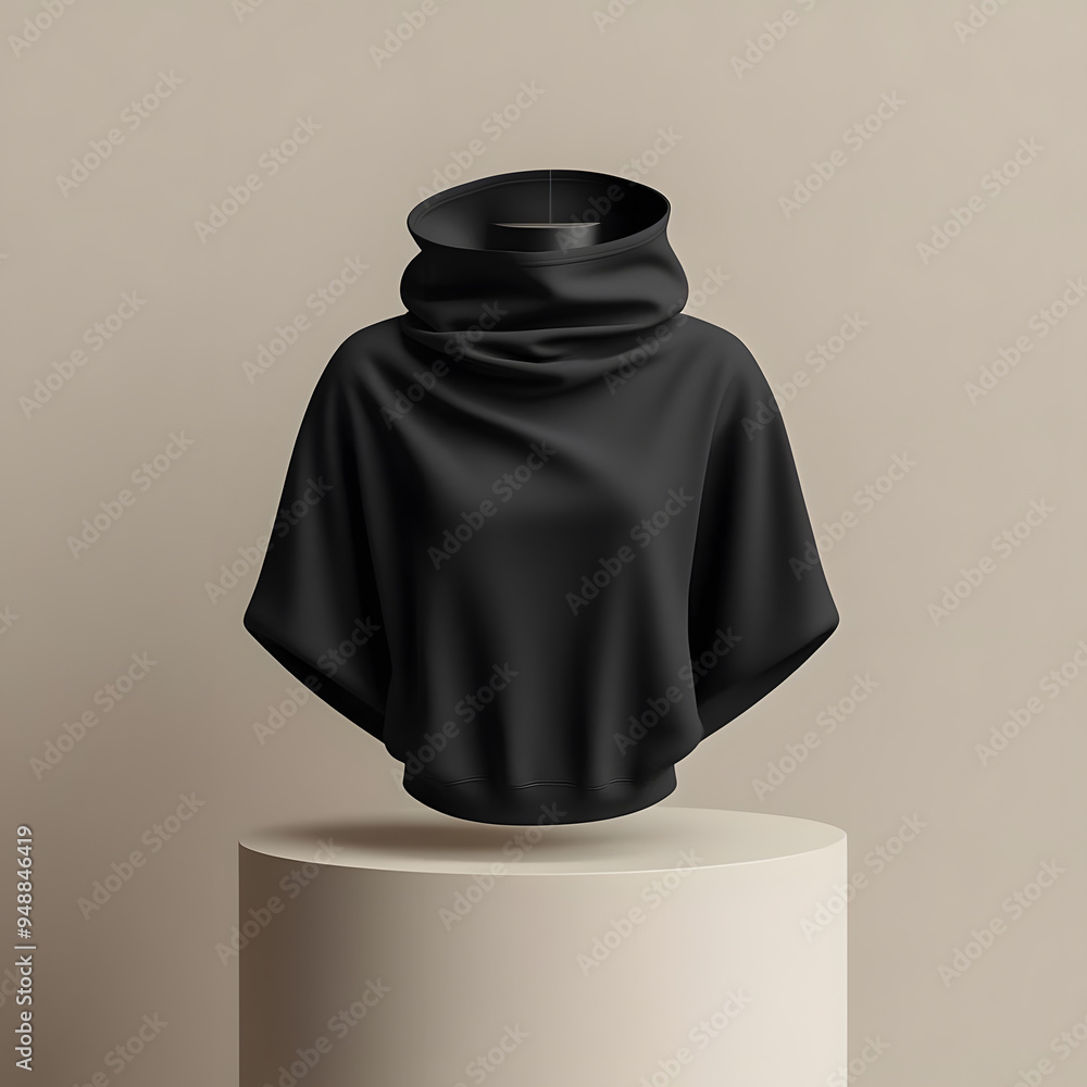 A 3D mockup of a black hoodie on a mannequin, posed on a podium against a neutral background, highlighting the garment's texture and folds. A 3D mockup of a black hoodie on a mannequin, posed on a podium against a neutral background, highlighting the garment's texture and folds.