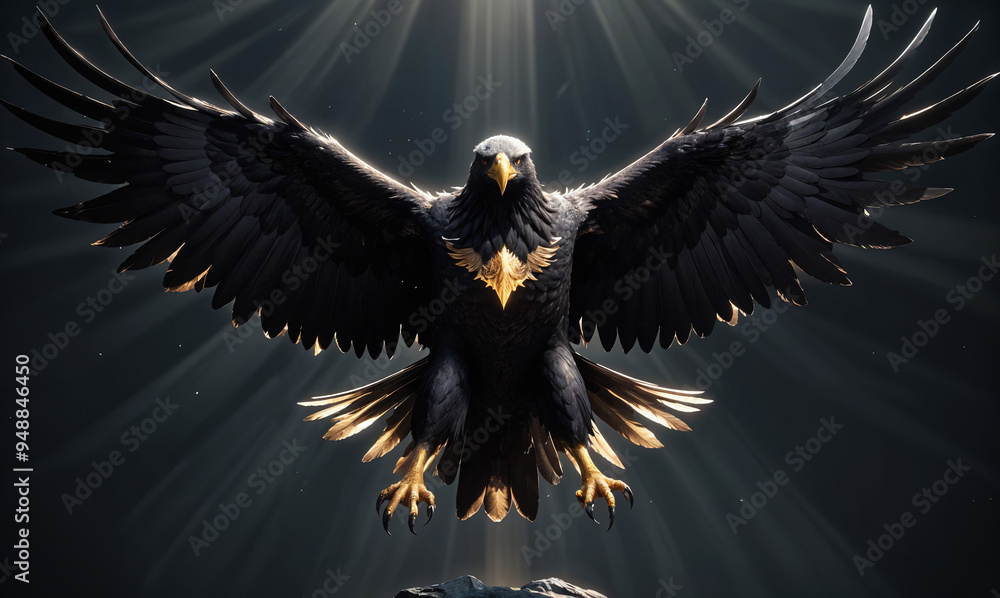 A majestic bald eagle with its wings spread wide, soaring against a dramatic dark background with rays of light shining