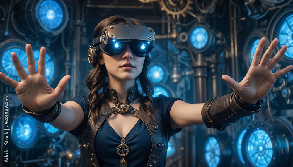 A young woman, adorned in a black futuristic outfit with metallic accents and goggles, stands in a richly detailed steampunk setting, surrounded by gears, clocks, and other mechanical element