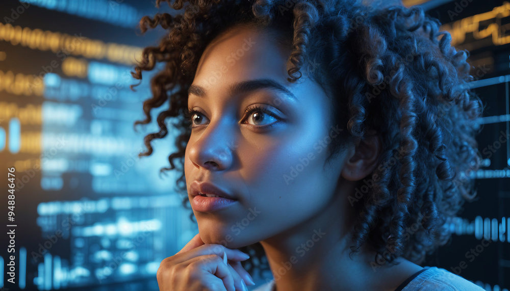 A young female immersed in a futuristic technology environment, surrounded by holographic displays and digital interfaces, representing innovation and modernity