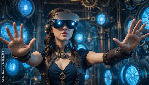 Obraz na płótnie A young woman, adorned in a black futuristic outfit with metallic accents and goggles, stands in a richly detailed steampunk setting, surrounded by gears, clocks, and other mechanical element w salonie