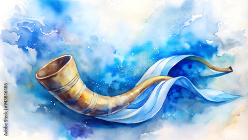 Watercolor background featuring a shofar surrounded by flowing ribbons, symbolizing the call to repentance and renewal in a soft blend of blue and white