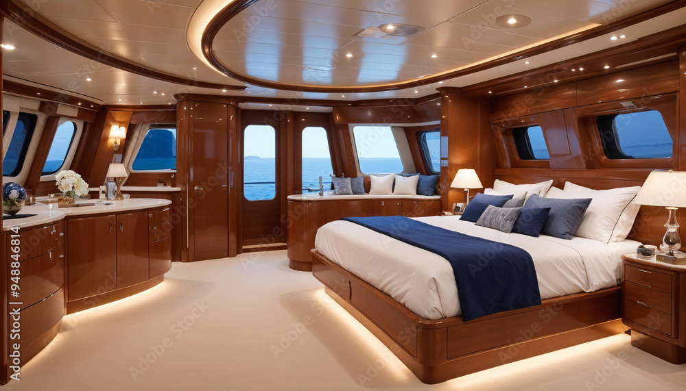 A luxurious bedroom on a yacht with a large bed , wooden furniture ,