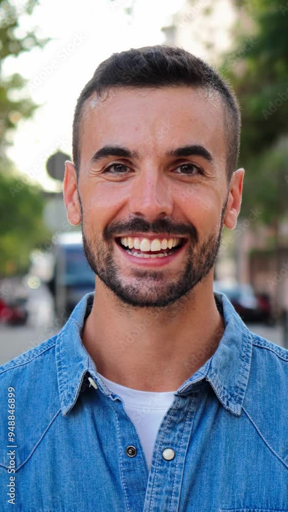 Vertical close up portrait of handsome guy with perfect white teeth smiling and looking at camera standing outdoors. Front view of young man with friendly and positive expression. Happy adult male Vertical close up portrait of handsome guy with perfect white teeth smiling and looking at camera standing outdoors. Front view of young man with friendly and positive expression. Happy adult male
