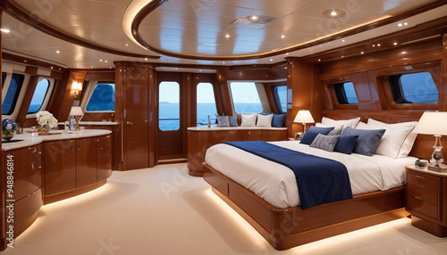 Obraz na płótnie A luxurious bedroom on a yacht with a large bed , wooden furniture , w salonie