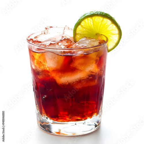 A Cape Codder cocktail isolated on a white background, garnished with a lime wedge, showcasing its vibrant colors and textures.