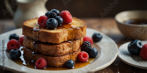 Gourmet french toast with berries and syrup on a plate.