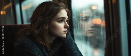 Thoughtful woman staring out of a window on a rainy day during a train ride
