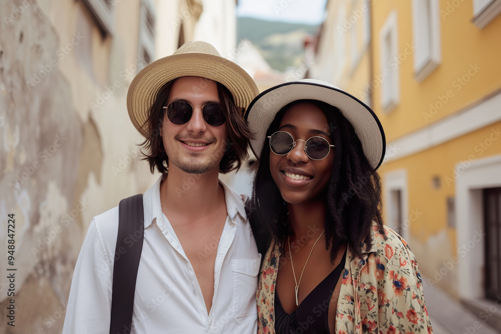 Multiracial young couple enjoying a summer day in a charming European street Multiracial young couple enjoying a summer day in a charming European street