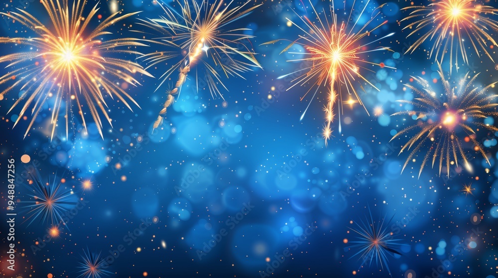 Fireworks on blue background with stars and space for text Fireworks on blue background with stars and space for text