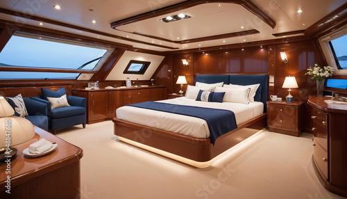 A luxurious bedroom on a yacht with a large bed , wooden furniture.