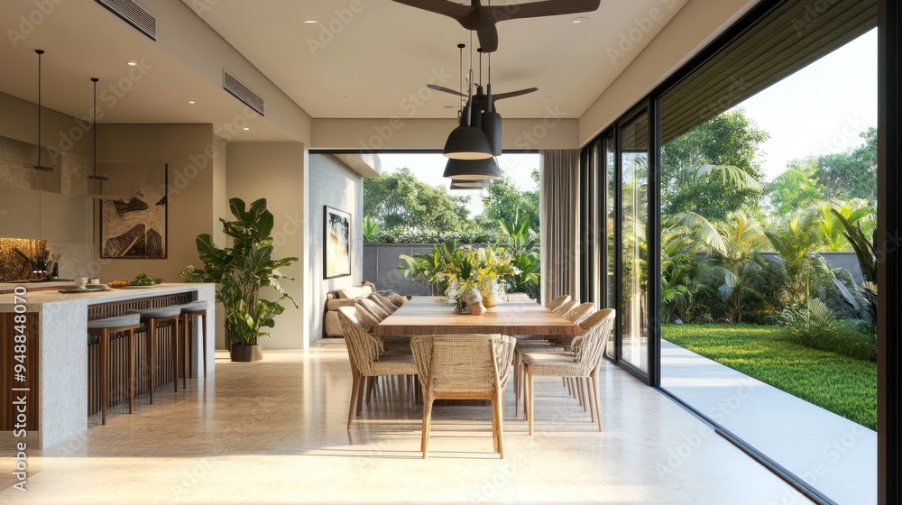 Fototapeta premium Modern dining room with large windows and natural light.