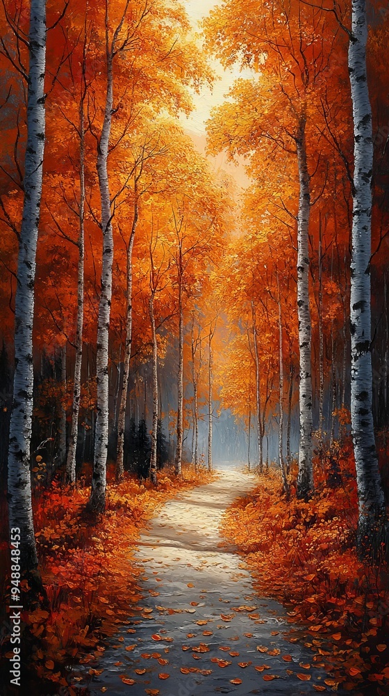 Fototapeta premium Serene forest path surrounded by tall trees with vibrant orange foliage, lit by soft sunlight filtering through the canopy