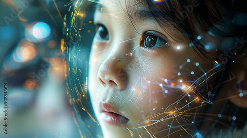 Futuristic Artificial Intelligence Concept with Child's Face, Digital Neural Network, Data Visualization, AI Technology, Close-Up of Cybernetic Human Model. Digital Native, Little Girl, Young Kid