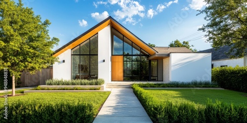 This modern white brick residence, with dark wood accents and an elegant gable roof, is beautifully situated in lush Beverly Hills, California, providing a serene and picturesque ambiance