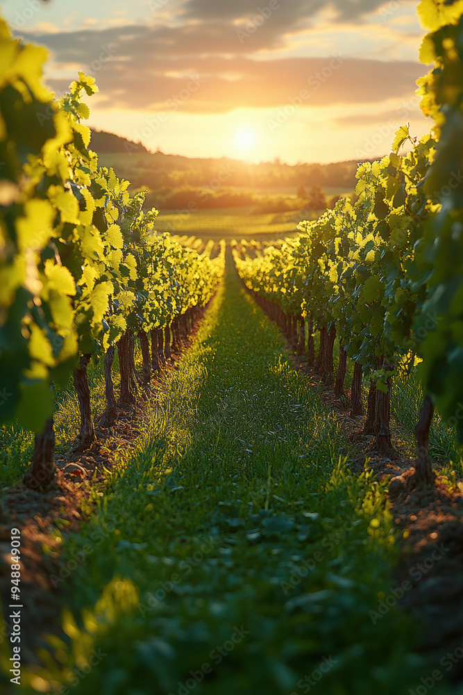 Fototapeta premium Bright Vineyard with Green Grass