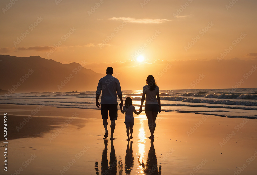 A family silhouette walking on the beach at sunset , against the orange sky and reflected in the wet sand