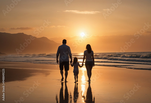 Obraz na płótnie A family silhouette walking on the beach at sunset , against the orange sky and reflected in the wet sand w salonie