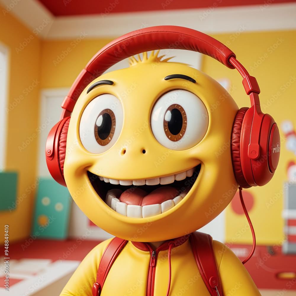 A yellow cartoon character with large eyes and a big smile wearing red headphones , standing on a desk with a computer monitor in the background