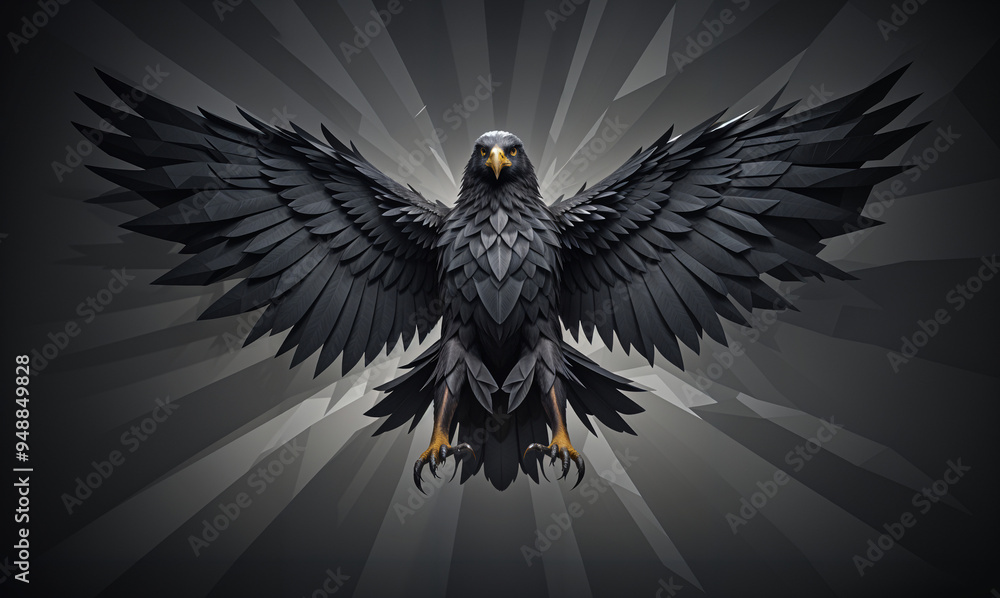 A majestic black eagle with large wings spread out, its beak open and talons extended, against a dark background with rays of light emanating from behind