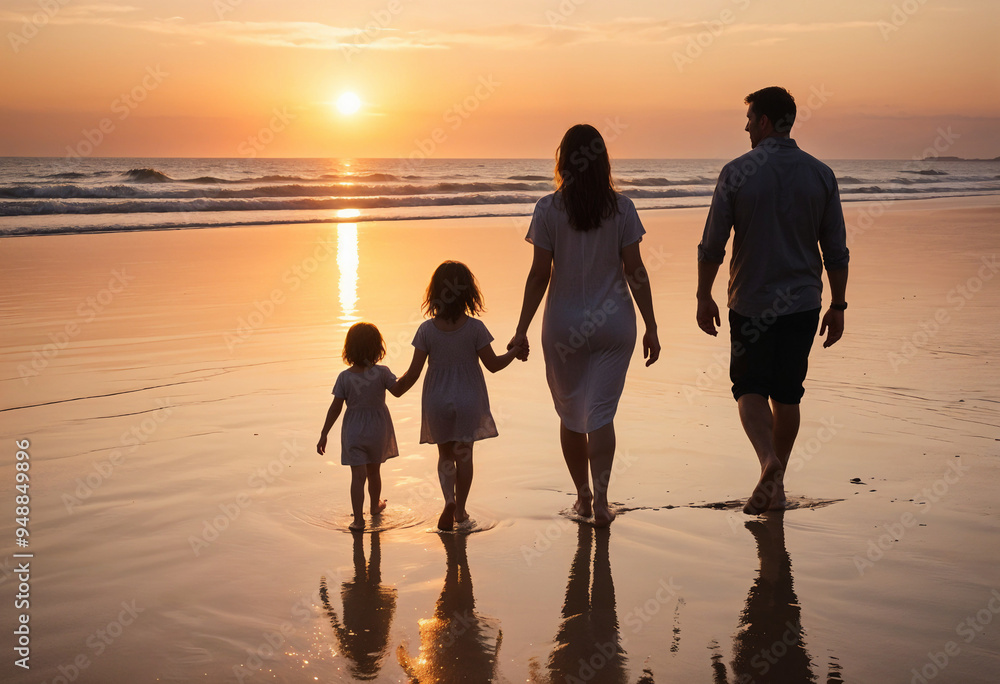 A family silhouette walking on the beach at sunset , against the orange sky and reflected in the wet sand