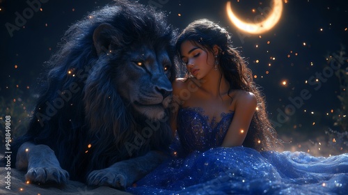 Woman in a blue dress sits beside a majestic lion under a crescent moon, surrounded by glowing fireflies