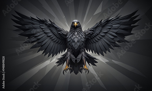 Obraz na płótnie A majestic black eagle with large wings spread out, its beak open and talons extended, against a dark background with rays of light emanating from behind w salonie