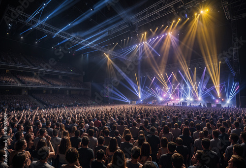Obraz na płótnie A massive audience enjoys a live performance as the stage comes alive with bright, colorful lights and lasers, casting a vibrant, electrifying display across the crowd. w salonie