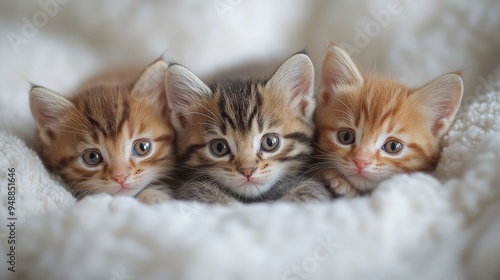 Three adorable kittens with different fur patterns are snuggled together on a soft, white blanket, looking directly at the camera