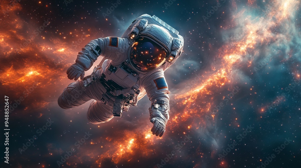 Astronaut floats in space amidst vibrant, swirling cosmic clouds, illuminated by orange and blue light, displaying awe-inspiring scenery Astronaut floats in space amidst vibrant, swirling cosmic clouds, illuminated by orange and blue light, displaying awe-inspiring scenery