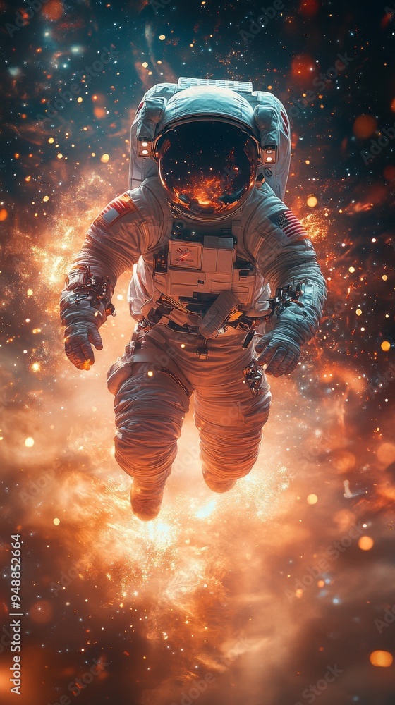 Astronaut floats in outer space surrounded by a vibrant, fiery cosmic background filled with glowing particles and stars Astronaut floats in outer space surrounded by a vibrant, fiery cosmic background filled with glowing particles and stars